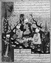 Ferdows (lower left corner) with three poets in a garden, miniature from a Persian 